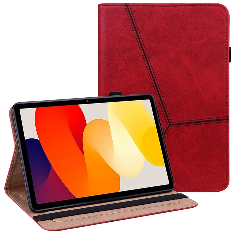 For Xiaomi Redmi Pad SE Leather Case Line Imprinted Card Holder Tablet Cover - Red