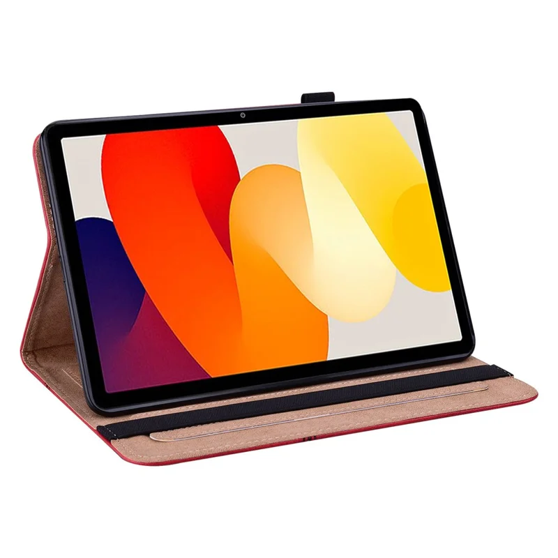 For Xiaomi Redmi Pad SE Leather Case Line Imprinted Card Holder Tablet Cover - Red