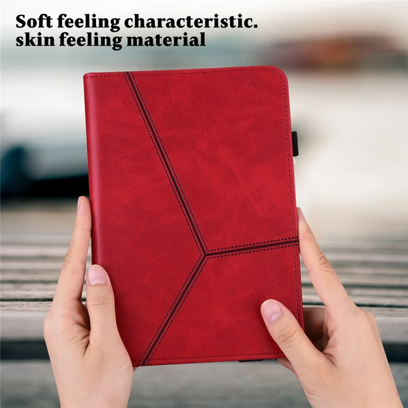 For Xiaomi Redmi Pad SE Leather Case Line Imprinted Card Holder Tablet Cover - Red