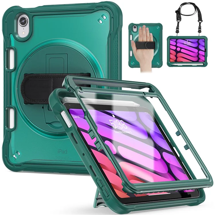 Pour iPad mini (2024) / mini (2021) Étui pour tablette PC+TPU avec support et sangle d'épaule / sangle de main - Vert Minuit
