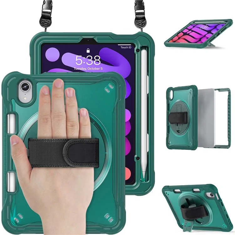 Pour iPad mini (2024) / mini (2021) Étui pour tablette PC+TPU avec support et sangle d'épaule / sangle de main - Vert Minuit