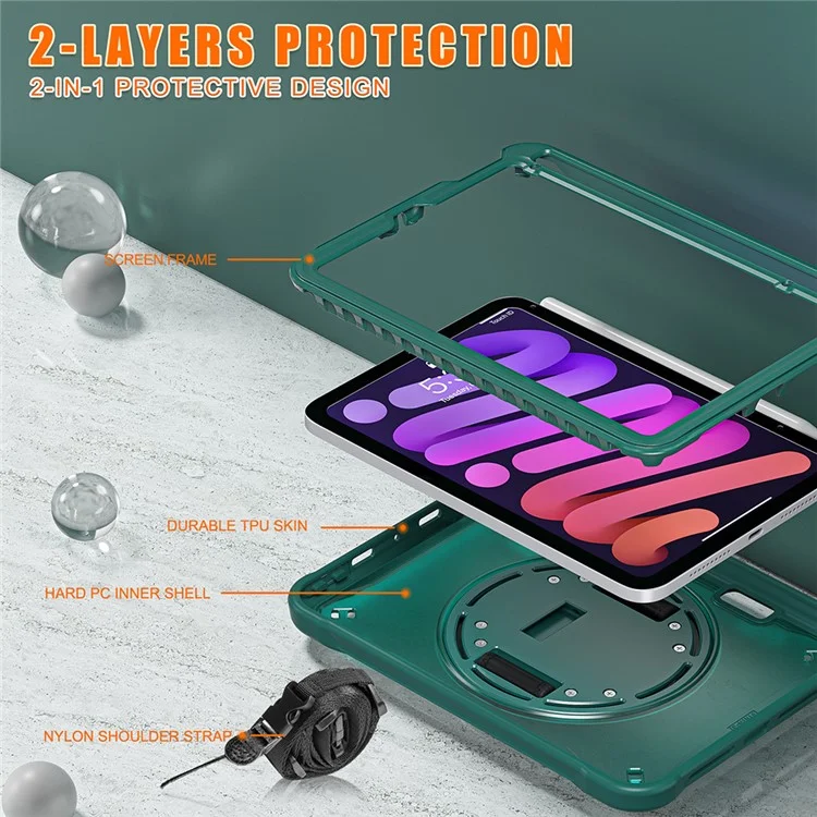 Pour iPad mini (2024) / mini (2021) Étui pour tablette PC+TPU avec support et sangle d'épaule / sangle de main - Vert Minuit