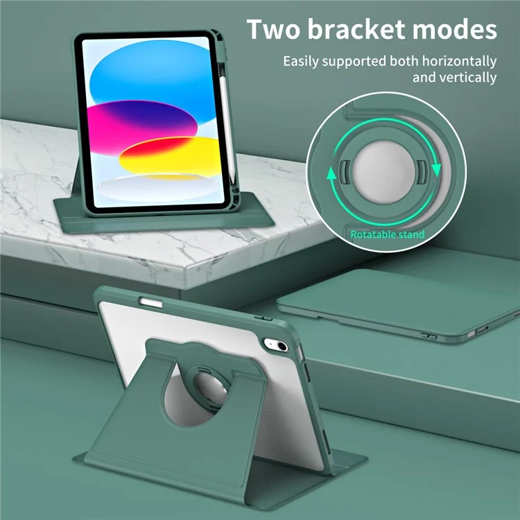 Per iPad 10.9 (2022) Smart Cover PU Pelle+Acrilico Rotante Piedistallo Protezione Tablet Case - Verde Mezzanotte