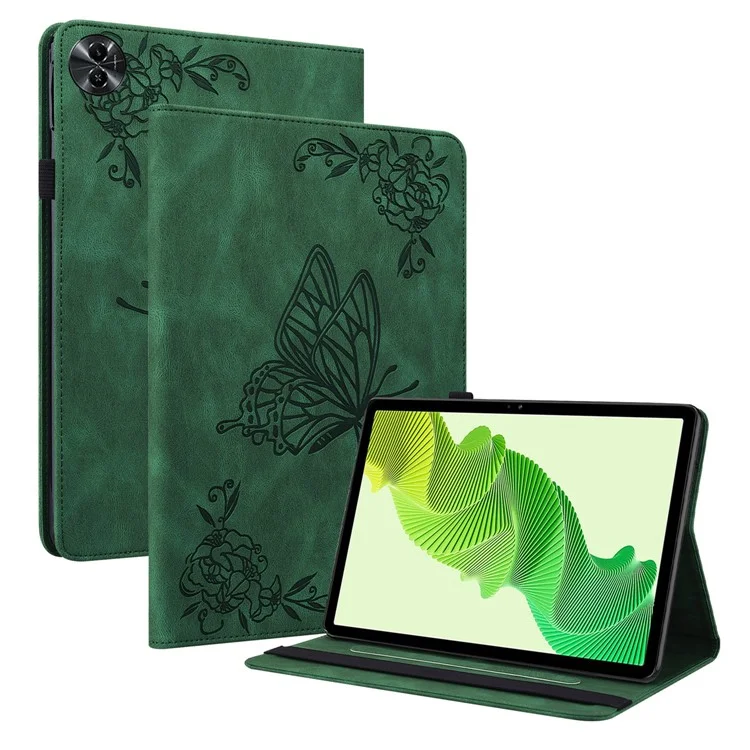 Tablet Case for Realme Pad 2 PU Leather Cover Butterfly Flower Imprinted Card Holder Shell - Green