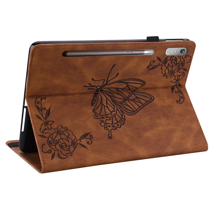 For Lenovo Tab P12 Case Butterfly Flower Imprinted PU Leather Stand Tablet Cover - Brown