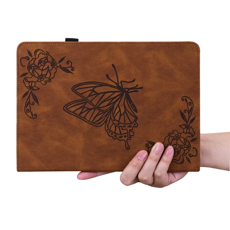 For Lenovo Tab P12 Case Butterfly Flower Imprinted PU Leather Stand Tablet Cover - Brown