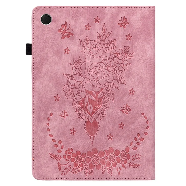 For Samsung Galaxy Tab A9 PU Leather Cover Butterfly Rose Imprint Card Holder Tablet Case - Pink