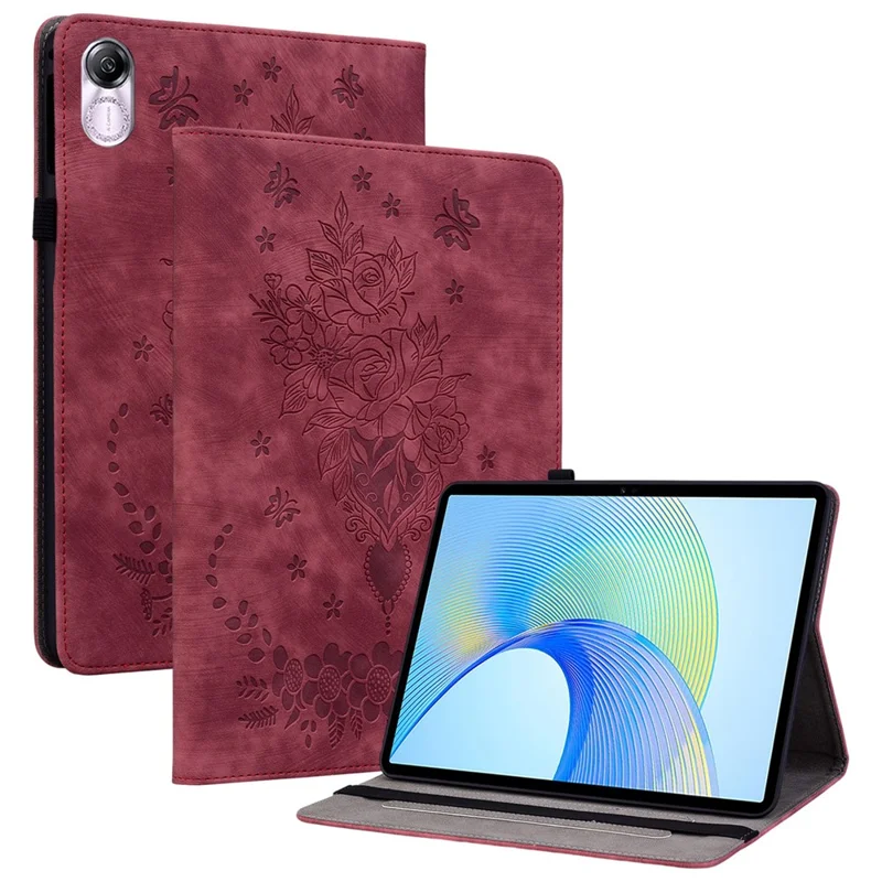 For Honor Pad X8 Pro / Pad X9 Capa com Estampa de Borboleta e Rosa em Couro PU - Vermelho