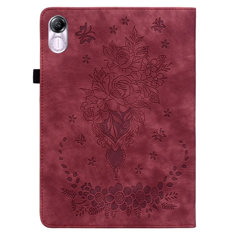 For Honor Pad X8 Pro / Pad X9 Capa com Estampa de Borboleta e Rosa em Couro PU - Vermelho