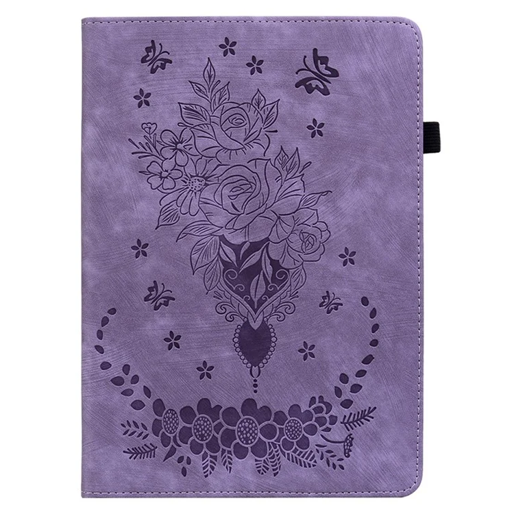 For Lenovo Tab M10 5G Leather Cover Butterfly Rose Imprinted Tablet Stand Case - Purple