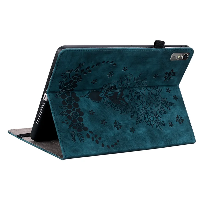 For Lenovo Tab M10 5G Leather Cover Butterfly Rose Imprinted Tablet Stand Case - Blue