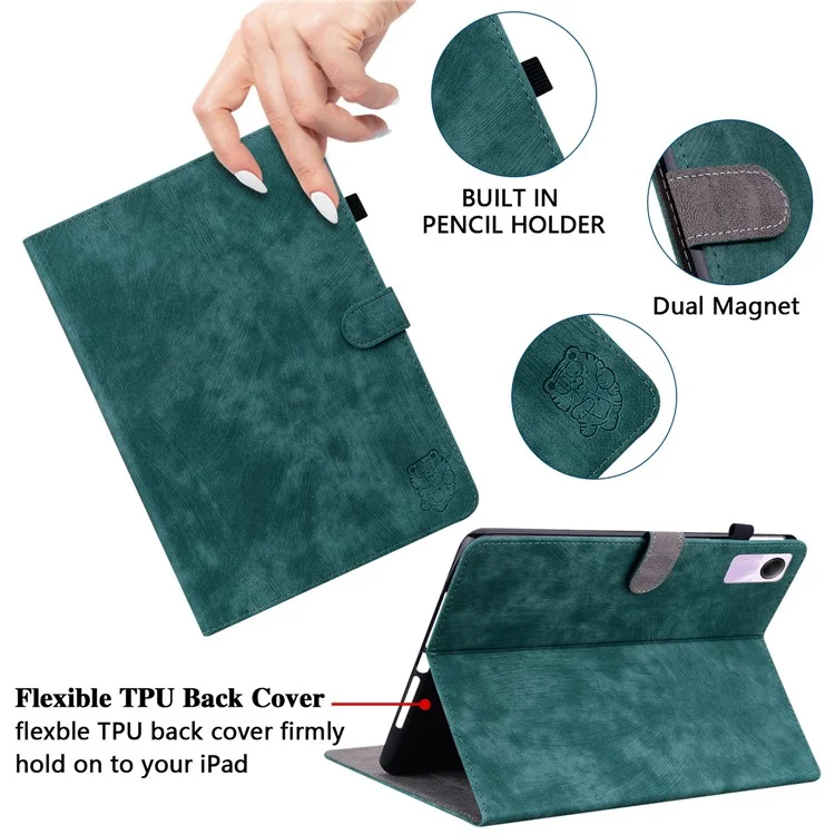 For Xiaomi Redmi Pad SE Cover Cute Tiger Imprint Leather Tablet Case with Card Slots - Green