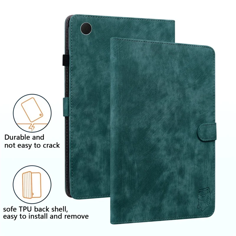 For Samsung Galaxy Tab A9 Leather Cover Cute Tiger Imprint Adjustable Stand Tablet Case - Green
