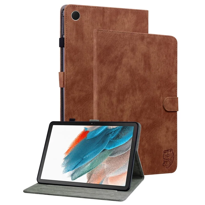 For Samsung Galaxy Tab A9 Leather Cover Cute Tiger Imprint Adjustable Stand Tablet Case - Brown