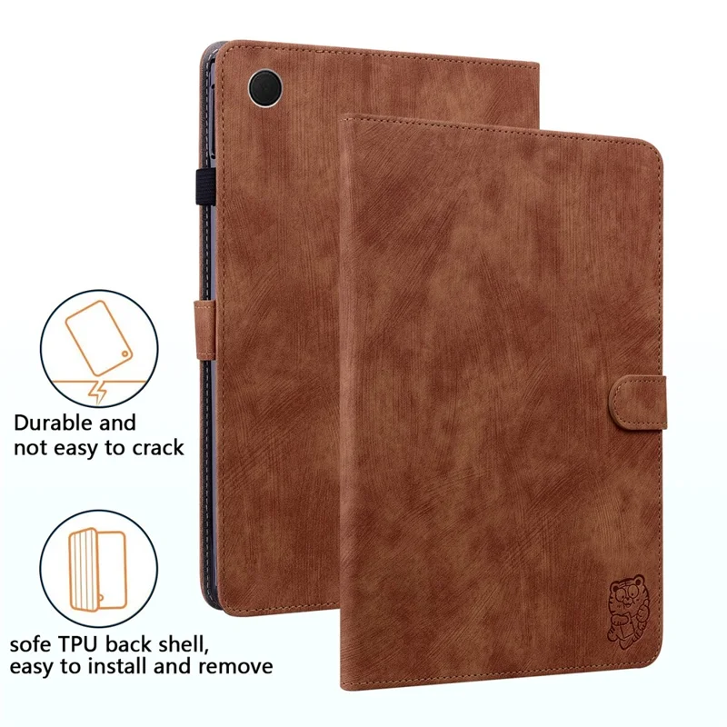 For Samsung Galaxy Tab A9 Leather Cover Cute Tiger Imprint Adjustable Stand Tablet Case - Brown