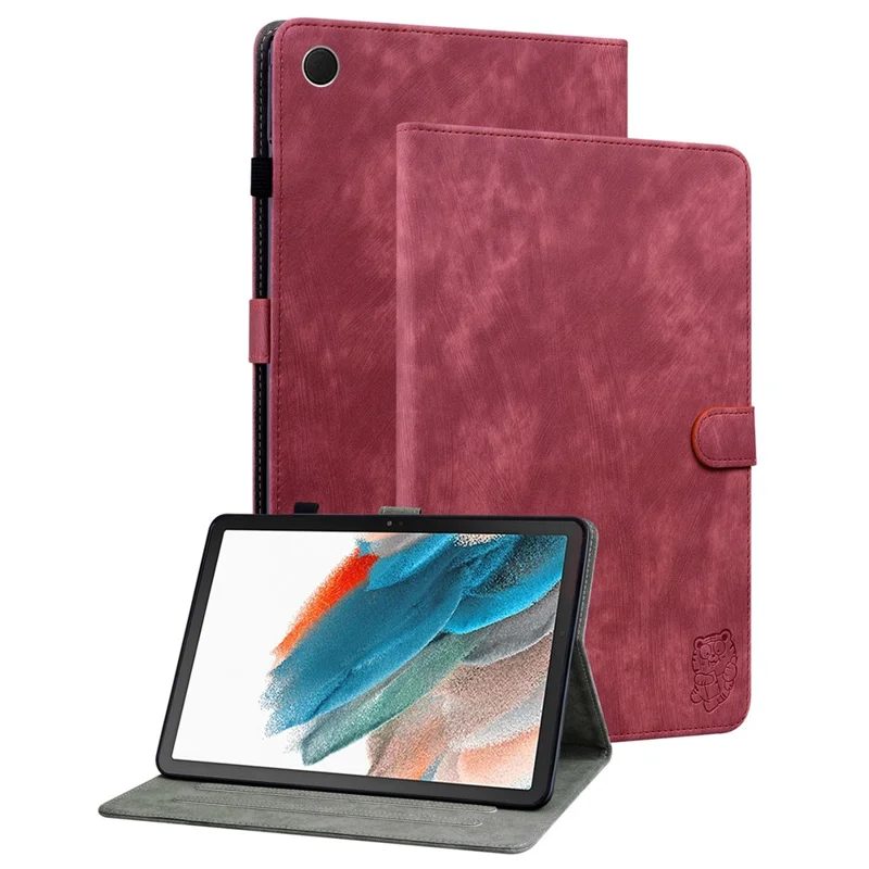 For Samsung Galaxy Tab A9 Leather Cover Cute Tiger Imprint Adjustable Stand Tablet Case - Red