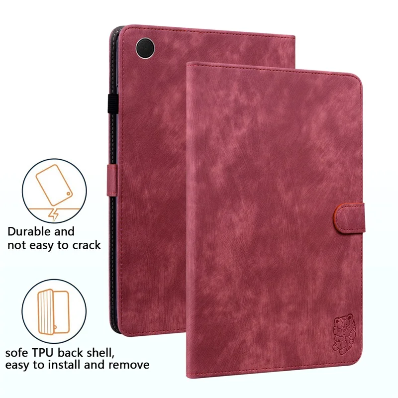 For Samsung Galaxy Tab A9 Leather Cover Cute Tiger Imprint Adjustable Stand Tablet Case - Red