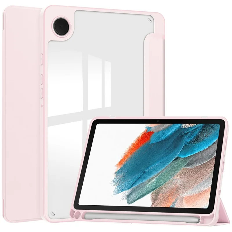 For Samsung Galaxy Tab A11 / A9 Case PU+TPU+Acrylic Clear Back Tablet Cover with Pen Slot - Pink