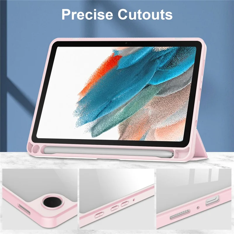 For Samsung Galaxy Tab A11 / A9 Case PU+TPU+Acrylic Clear Back Tablet Cover with Pen Slot - Pink