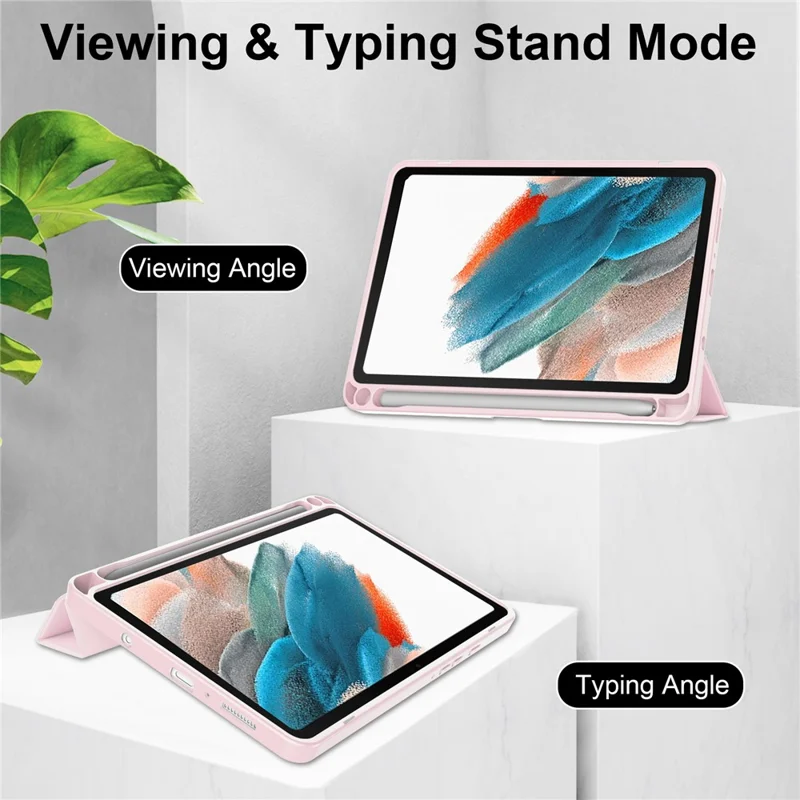 For Samsung Galaxy Tab A11 / A9 Case PU+TPU+Acrylic Clear Back Tablet Cover with Pen Slot - Pink