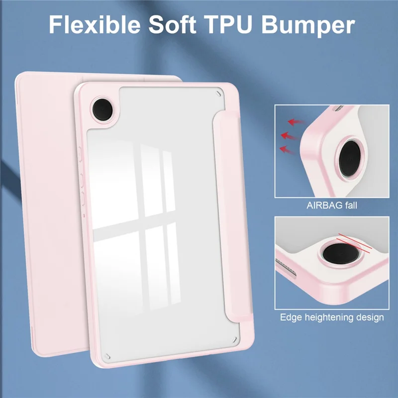 For Samsung Galaxy Tab A11 / A9 Case PU+TPU+Acrylic Clear Back Tablet Cover with Pen Slot - Pink