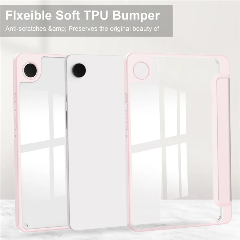 For Samsung Galaxy Tab A11 / A9 Case PU+TPU+Acrylic Clear Back Tablet Cover with Pen Slot - Pink