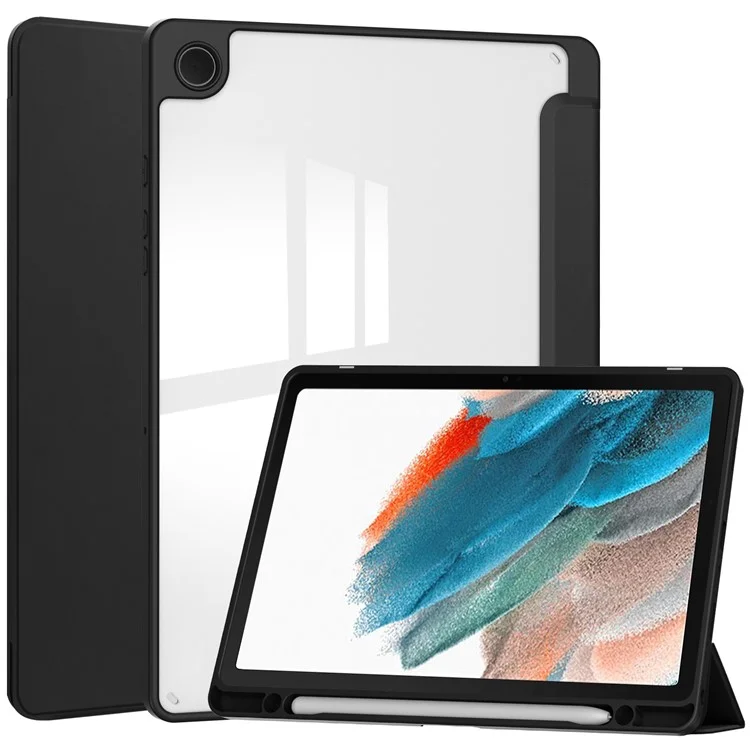 Прозрачный задний чехол для Samsung Galaxy Tab A9+ PU+TPU+Акриловый чехол для планшета с отделением для ручки - Черный