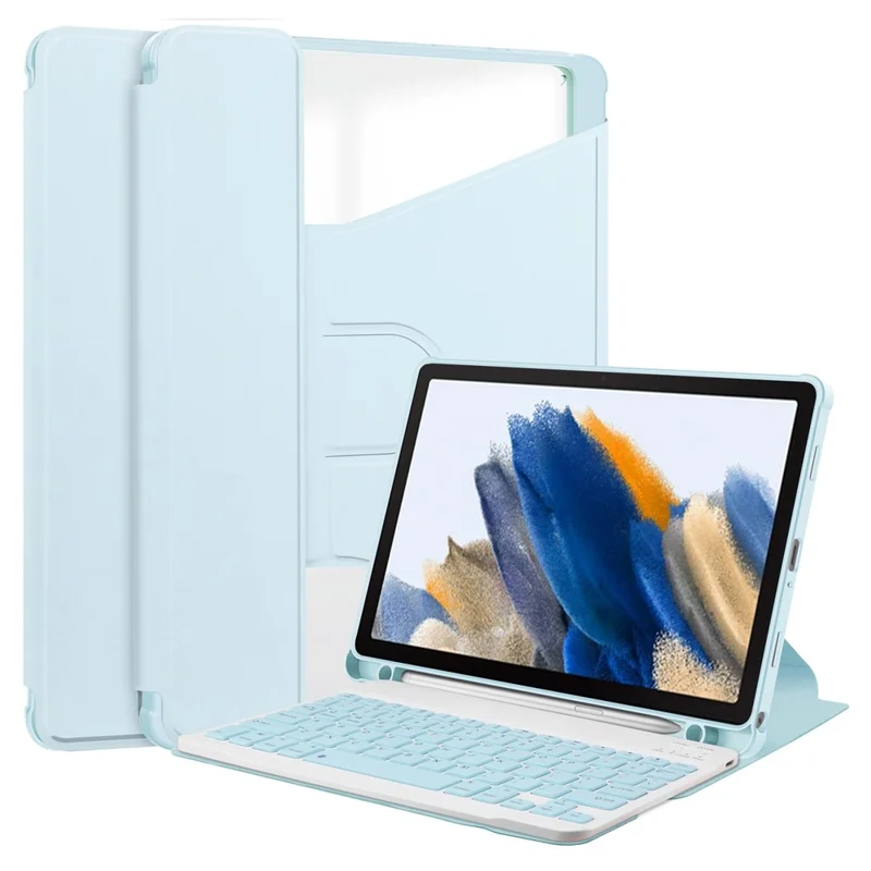 Tablet Case with Bluetooth-compatible Keyboard for Samsung Galaxy Tab A9+ Rotating Stand PU+Acrylic Cover - Sky Blue