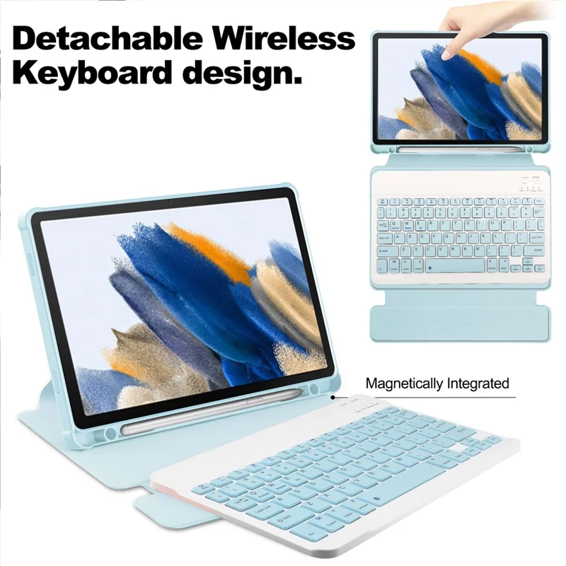 Tablet Case with Bluetooth-compatible Keyboard for Samsung Galaxy Tab A9+ Rotating Stand PU+Acrylic Cover - Sky Blue
