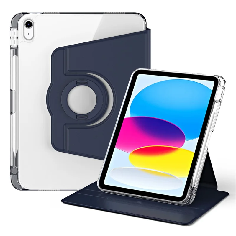 For iPad (2025) / 10.9 (2022) Protective Case PU Leather+Acrylic Rotary Kickstand Tablet Cover - Dark Blue
