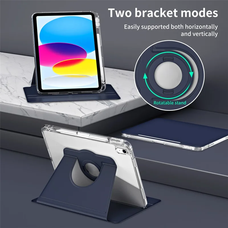 For iPad (2025) / 10.9 (2022) Protective Case PU Leather+Acrylic Rotary Kickstand Tablet Cover - Dark Blue