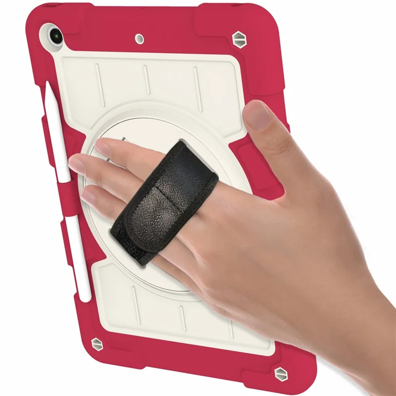 For iPad 10.2 (2021) / (2019) / (2020) TPU+PC Tablet Case Rotating Shockproof Kickstand Cover with Strap - Red