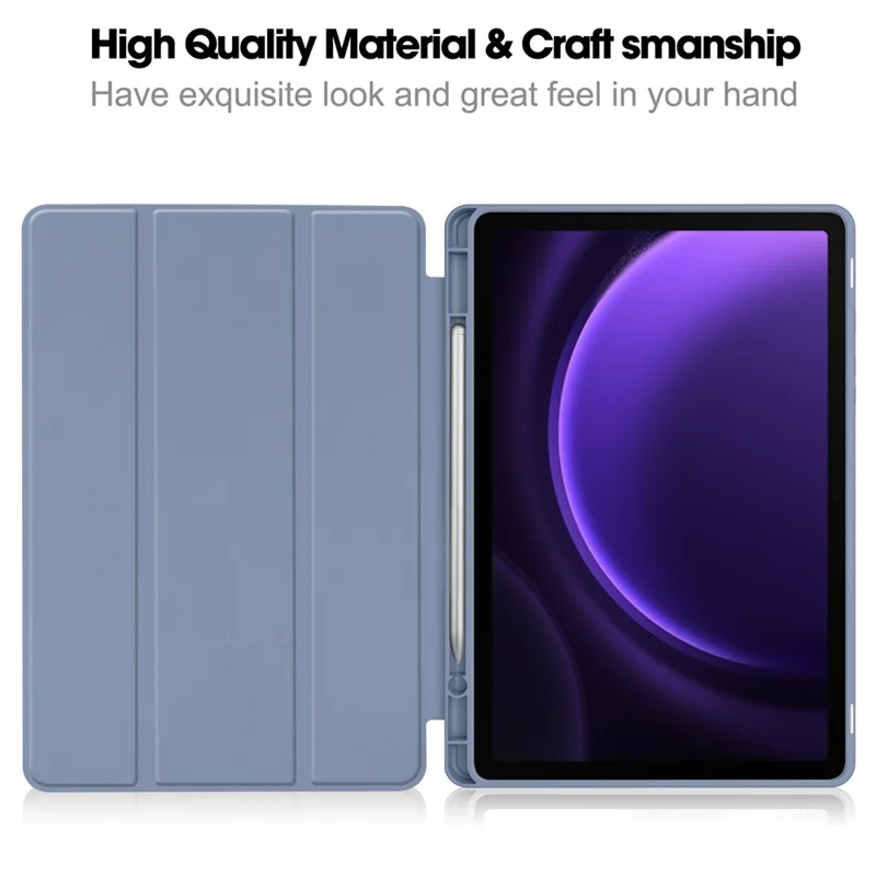 For Samsung Galaxy Tab S10 FE / S9 FE Leather Case Tri-Fold Stand Pen Slot Tablet Cover - Purple