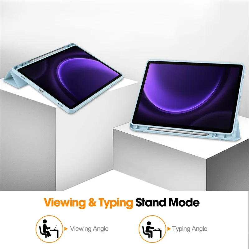 Ledertasche für Samsung Galaxy Tab S10 FE / S9 FE, Dreifach-Klappständer mit Stifteschlitz, Tablet-Hülle – Himmelblau