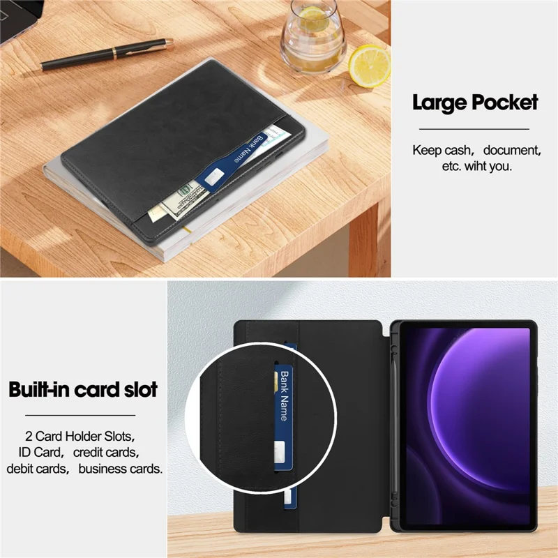 Pour Samsung Galaxy Tab S9 FE Étui Folio en cuir pour entreprise Étui intelligent pour tablette avec porte-cartes - Noir