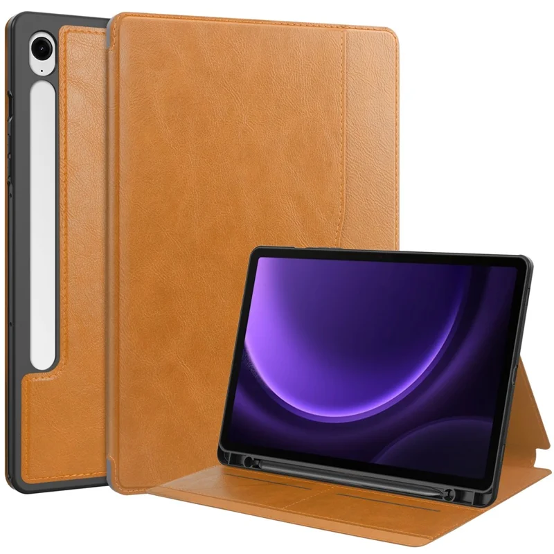 For Samsung Galaxy Tab S10 FE / S9 FE Leather Business Folio Cover Smart Tablet Case with Card Holder - Brown