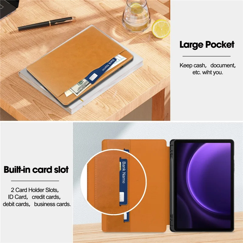 For Samsung Galaxy Tab S10 FE / S9 FE Leather Business Folio Cover Smart Tablet Case with Card Holder - Brown