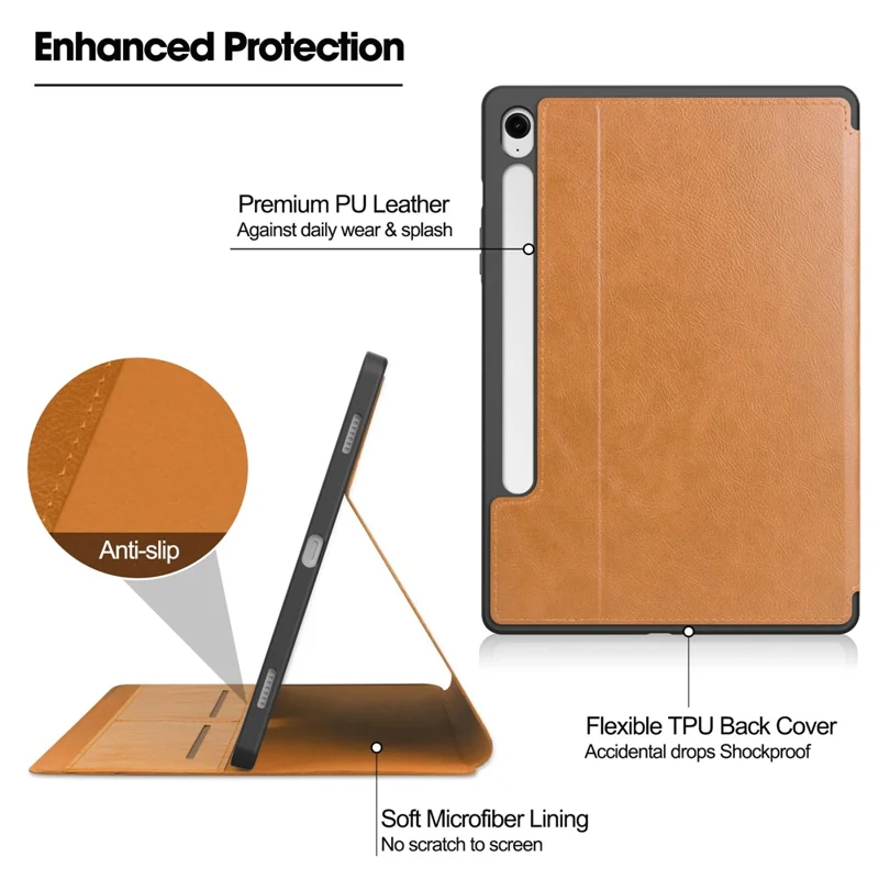 For Samsung Galaxy Tab S10 FE / S9 FE Leather Business Folio Cover Smart Tablet Case with Card Holder - Brown