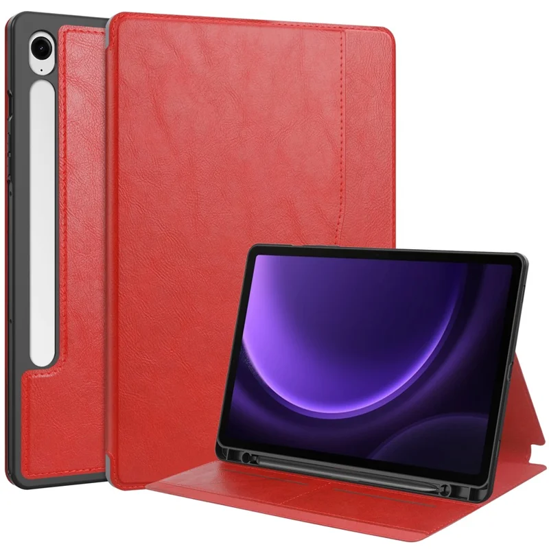 For Samsung Galaxy Tab S10 FE / S9 FE Leather Business Folio Cover Smart Tablet Case with Card Holder - Red