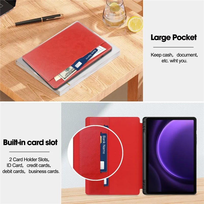 For Samsung Galaxy Tab S10 FE / S9 FE Leather Business Folio Cover Smart Tablet Case with Card Holder - Red