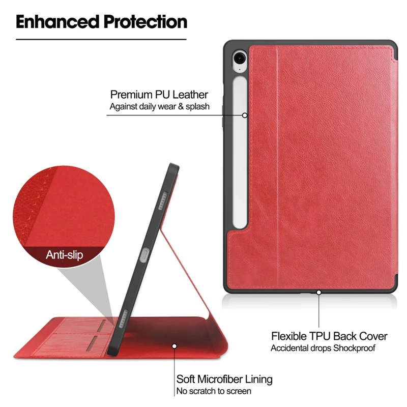 For Samsung Galaxy Tab S10 FE / S9 FE Leather Business Folio Cover Smart Tablet Case with Card Holder - Red