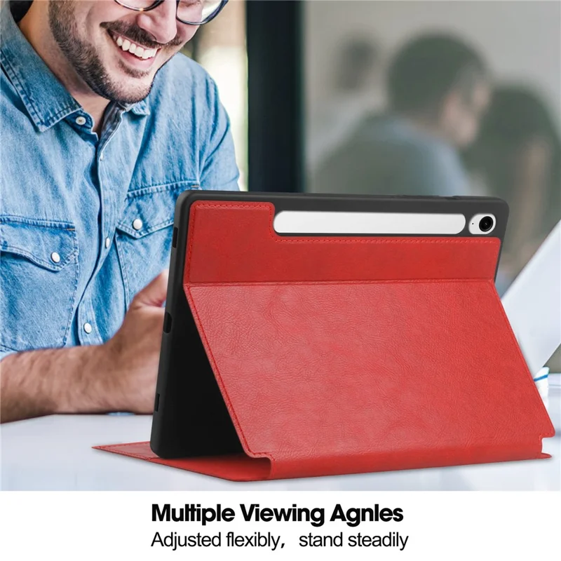 For Samsung Galaxy Tab S10 FE / S9 FE Leather Business Folio Cover Smart Tablet Case with Card Holder - Red