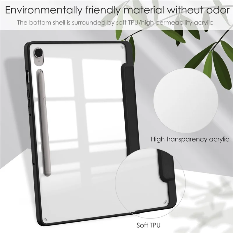Para Samsung Galaxy Tab S9 FE Tablet Case Leather+TPU+Acrylic Stand Cover com Pen Slot - Preto