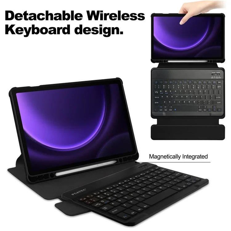 For Samsung Galaxy Tab S9 FE Case Leather+Acrylic Rotary Stand Cover with Bluetooth Keyboard - Black