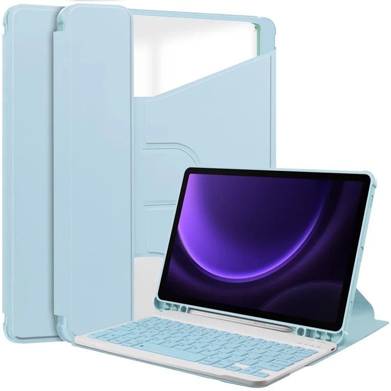 For Samsung Galaxy Tab S10 FE / S9 FE Case Leather+Acrylic Rotary Stand Cover with Bluetooth-Compatible Keyboard - Sky Blue