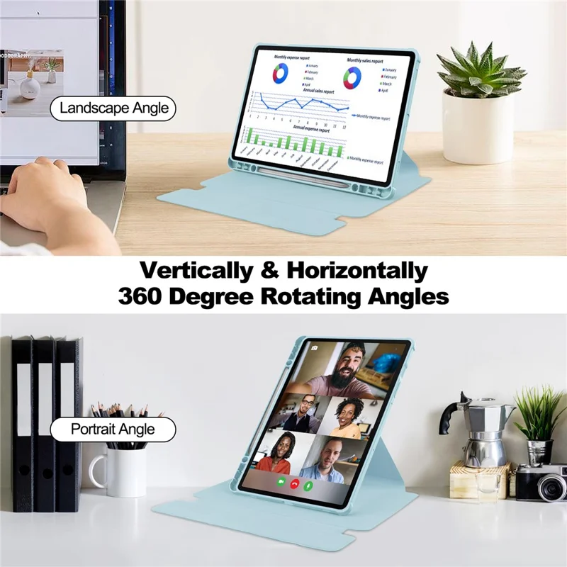 For Samsung Galaxy Tab S10 FE / S9 FE Case Leather+Acrylic Rotary Stand Cover with Bluetooth-Compatible Keyboard - Sky Blue