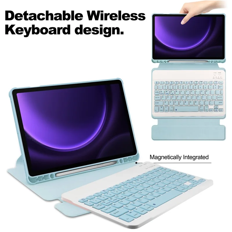 For Samsung Galaxy Tab S10 FE / S9 FE Case Leather+Acrylic Rotary Stand Cover with Bluetooth-Compatible Keyboard - Sky Blue