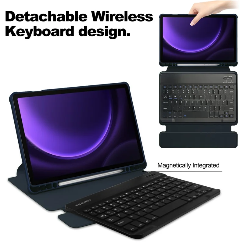 Чехол из кожи и акрила с поворотной подставкой и Bluetooth-клавиатурой для Samsung Galaxy Tab S9 FE - темно-синий