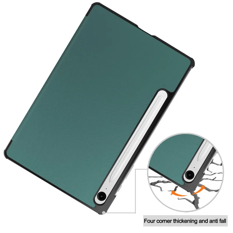For Samsung Galaxy Tab S10 FE / S9 FE Case Tri-Fold Stand PU Leather Tablet Cover - Blackish Green