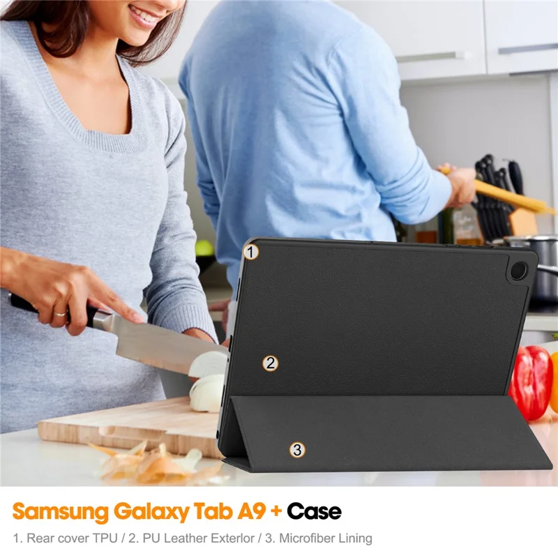 Custodia per Samsung Galaxy Tab A9+ Tri-fold Stand in Pelle Custodia Tablet con Slot per Penna - Nera
